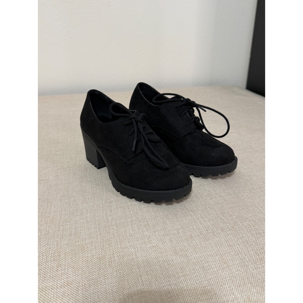 UNR8ED Womens Black Faux Suede Lace Up Chunky Heel Lug Sole Oxford Shoes Size 6M